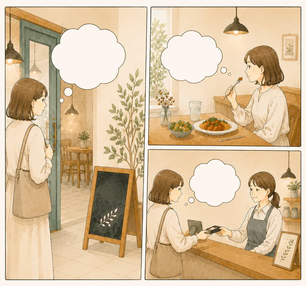 カフェでお客さんが感じている気持ちを3つのコマで表したイラスト