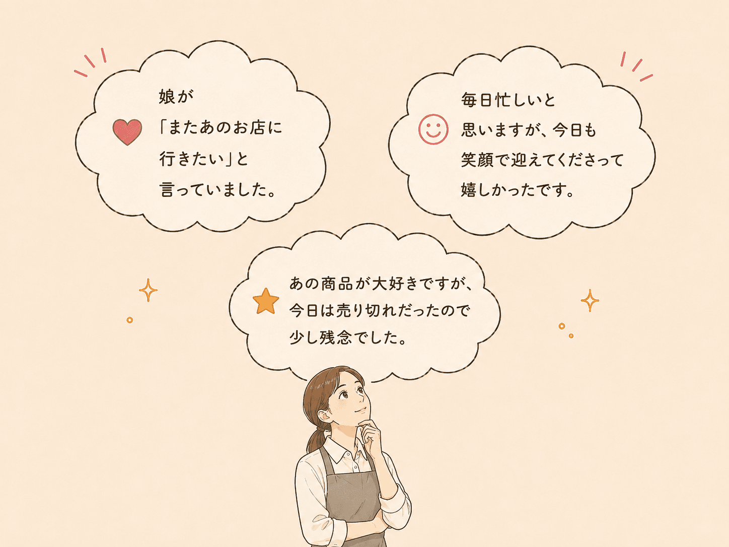 お客さんがお店を支えてくれる気持ちを吹き出しで表したイラスト