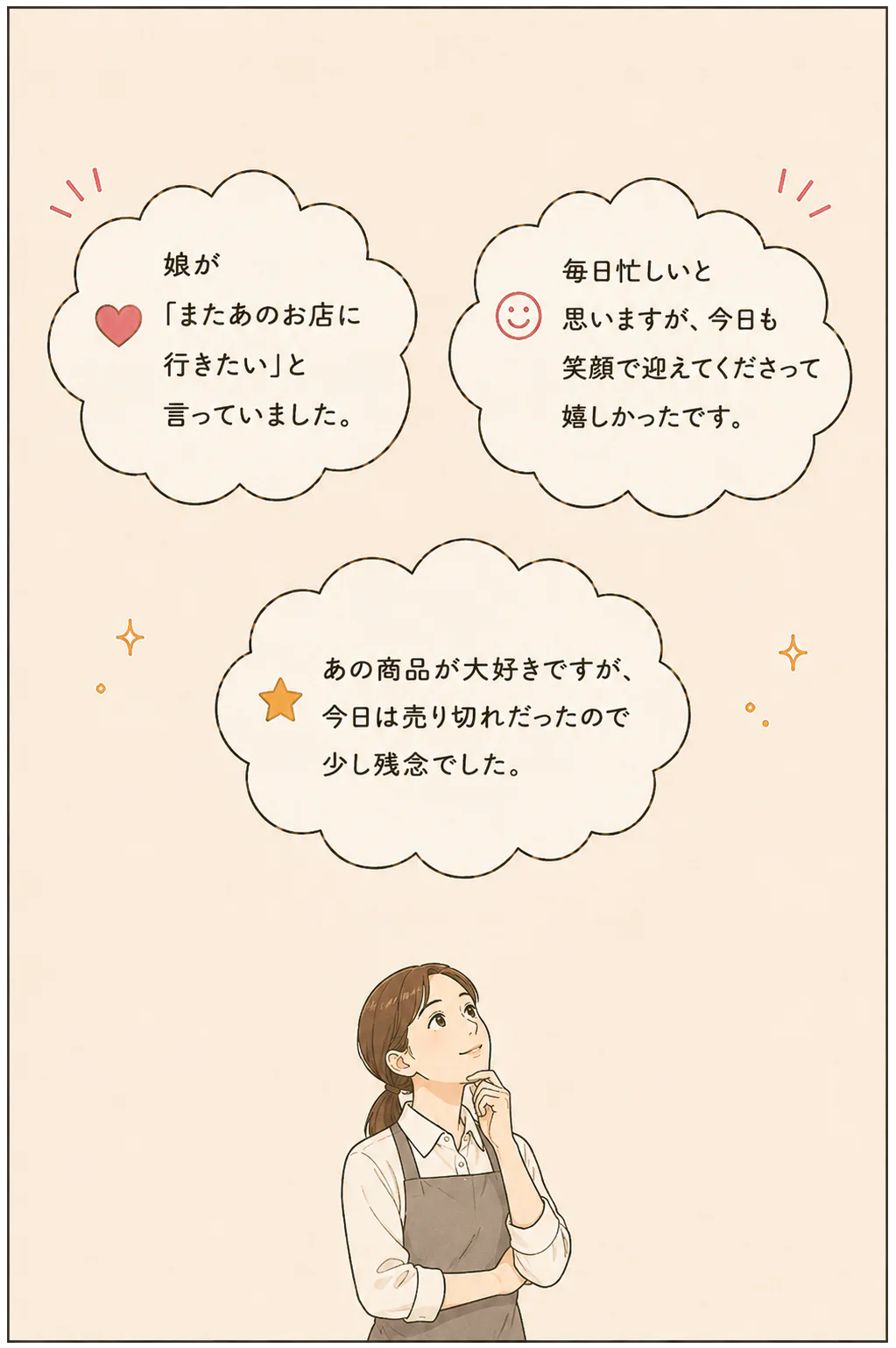 お客さんがお店を支えてくれる気持ちを吹き出しで表したイラスト