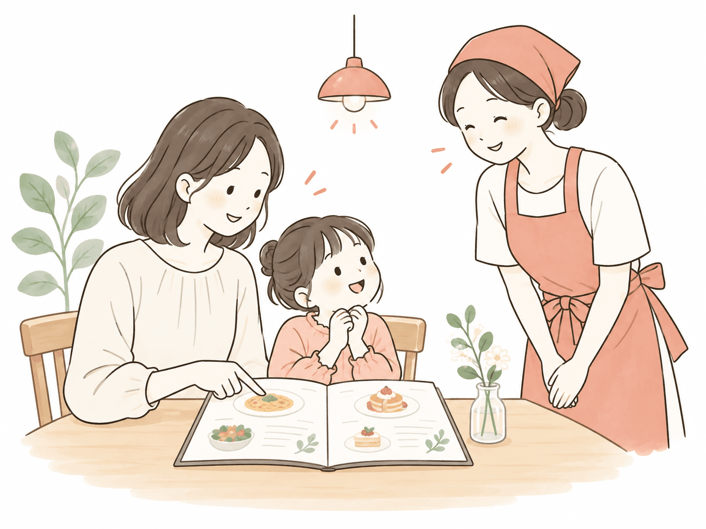 親子の注文を笑顔で待つ店員