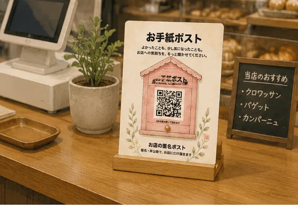 レジ横にQRポストカードを設置するイメージ